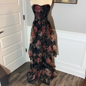 Lulu's Black and Red Floral Strapless Dress